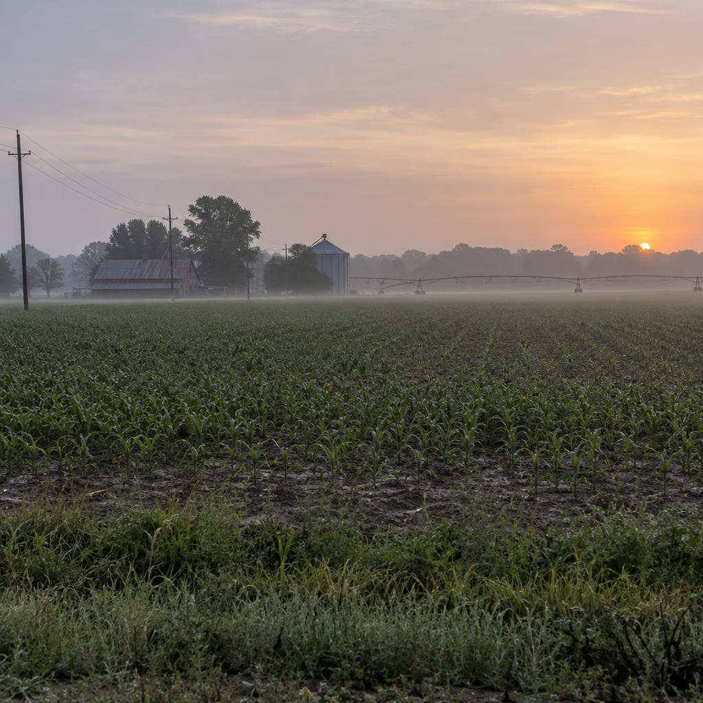 Rows of Southern farmland at sunrise