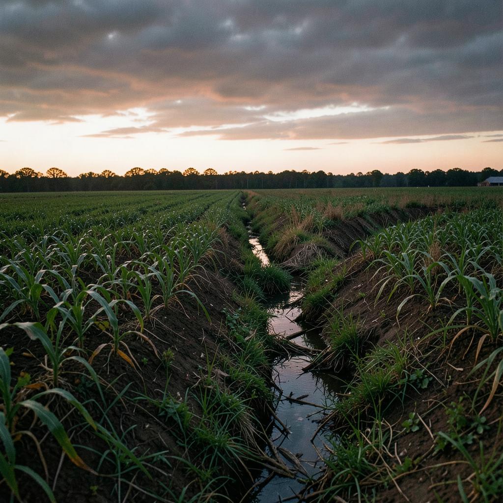 Mississippi Delta row-crop farmland at dusk with an irrigation ditch