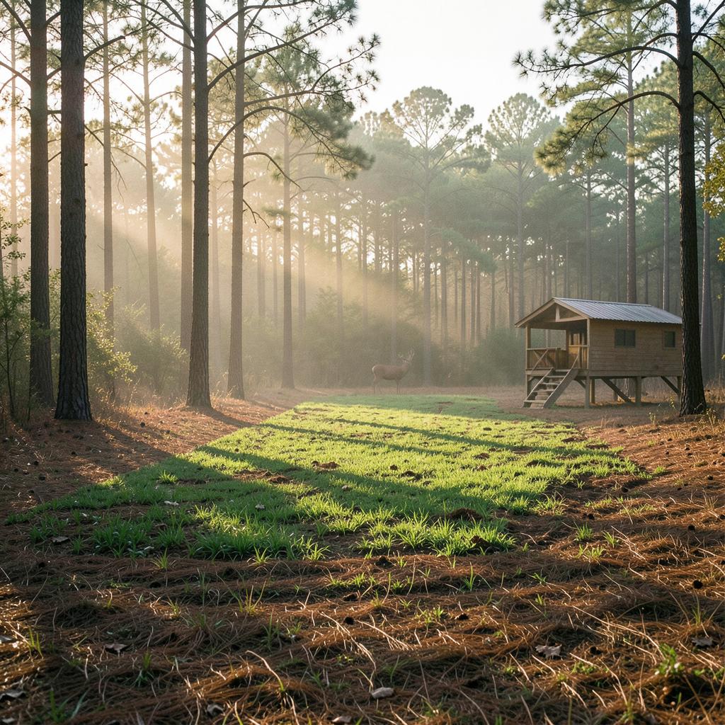 Green food plot and deer stand at the edge of a Mississippi pine thicket