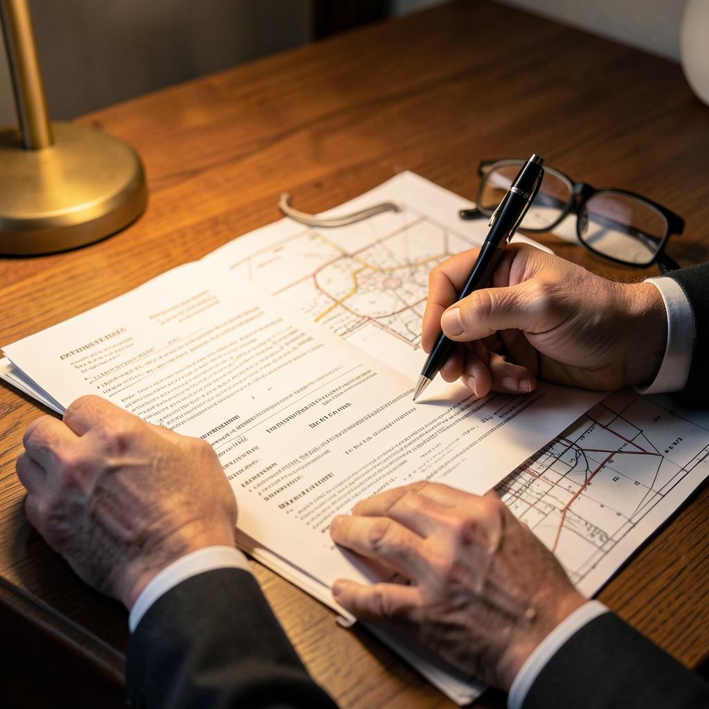 Hands signing land deed paperwork beside a plat map at a closing table