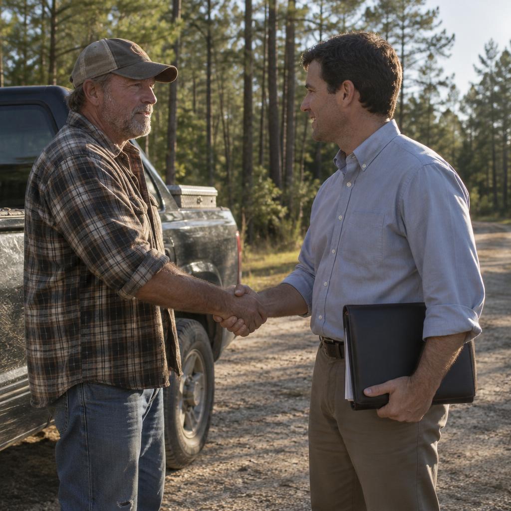 Mississippi landowner shaking hands with a land buyer on a dirt road at the edge of pine woods